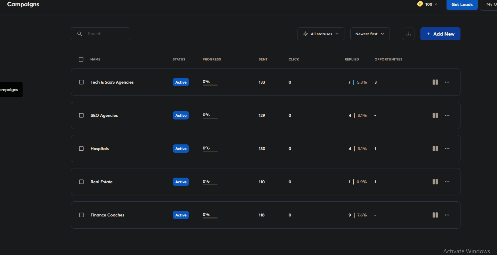 Instantly.ai campaigns list showing all 5 campaigns with Finance Coaches at 7.6% reply rate
